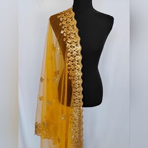 Yellow net sequence dupatta/ veil/ scarf/ with cut work border